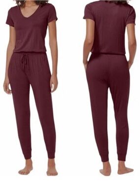 Tommy John Women's Modal V-Neck Cozy Short Sleeve Jumpsuit in Wine Medium NWT